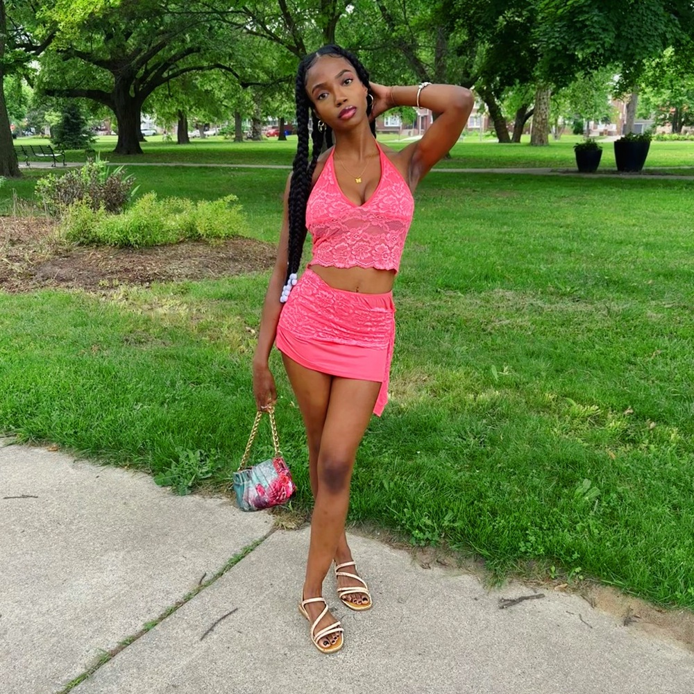 Pink Lace Crop Top And Skirt Set